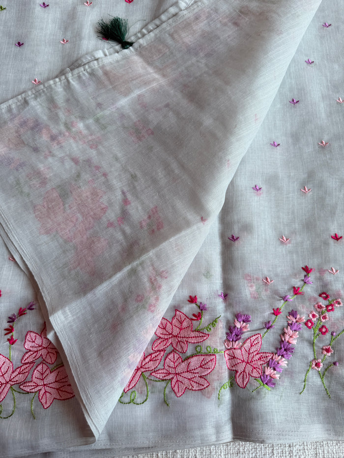 Kana machine emb linen cotton saree
