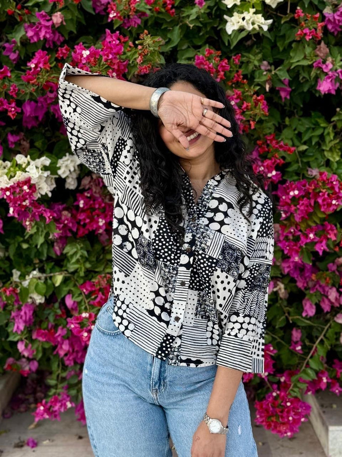 Krusha Short Cotton Shirt- Black and White Mix