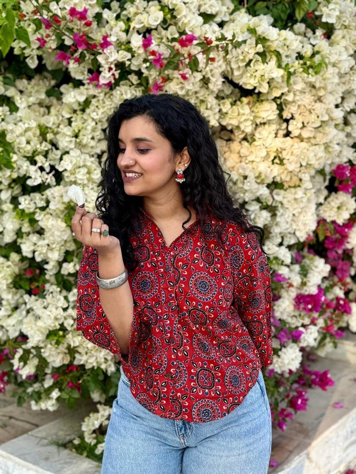 Krusha Short Cotton Shirt- Maroon Ajrak