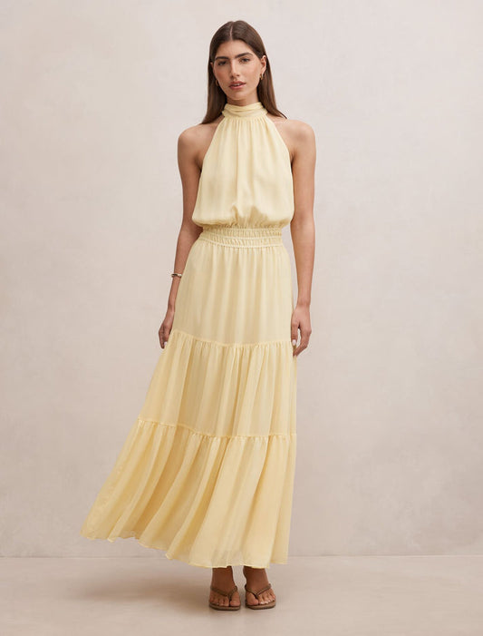 Lauren Tiered Halter Maxi Dress Lemon Forever New