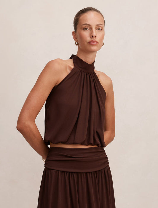 Layne Bubble Waist Halter Top Rich Chocolate co-ord Forever New