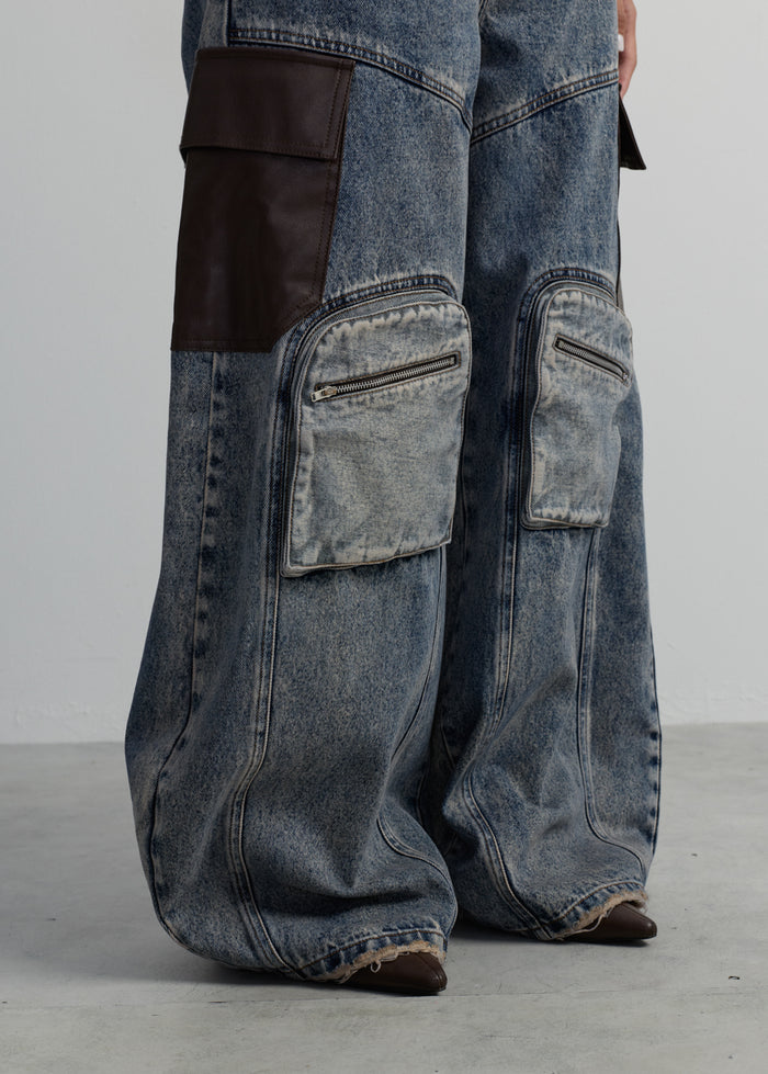 LEATHER PANELED WIDE-LEG JEANS