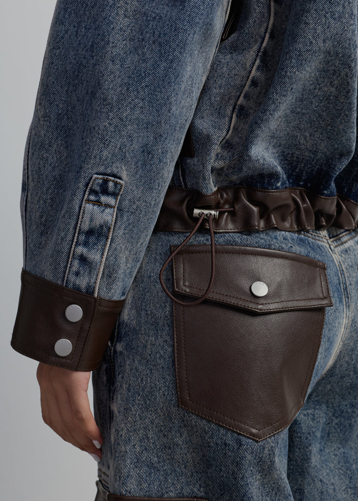 LEATHER PANELED WIDE-LEG JEANS
