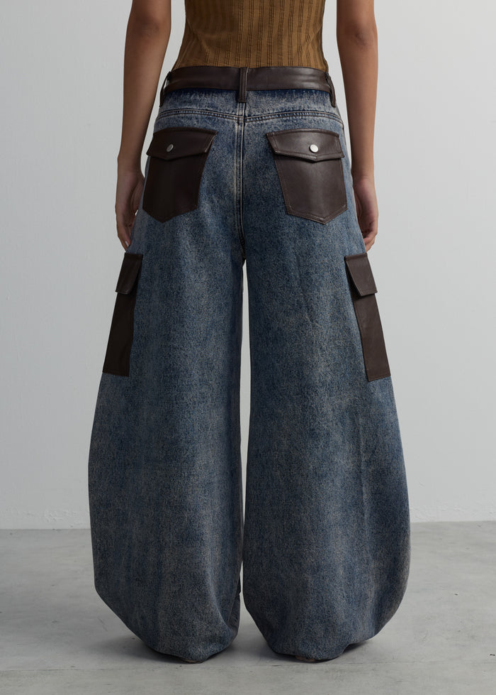 LEATHER PANELED WIDE-LEG JEANS