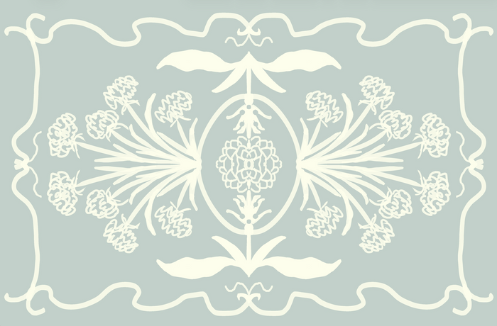 "Louise" Blue and Off White Floral Vinyl Floor Mat - 20"x30"