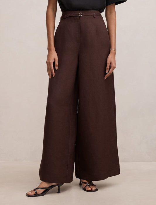 Matilda Petite Linen Blend Wide Leg Pants Chocolate Freckle Forever New