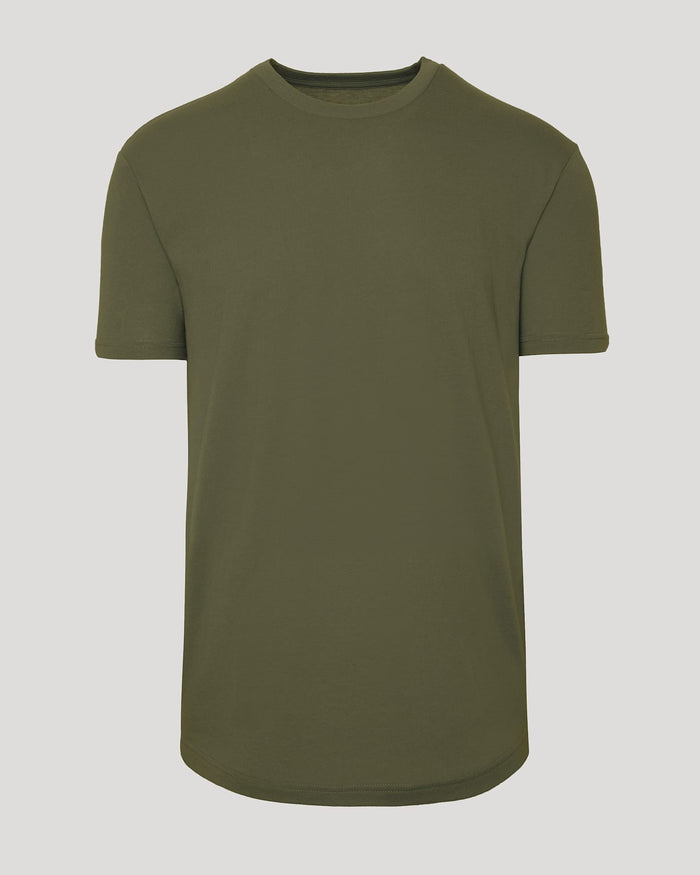 Military Green Curved Hem Classic Crew Neck T-shirt, short sleeves, crew-neck.