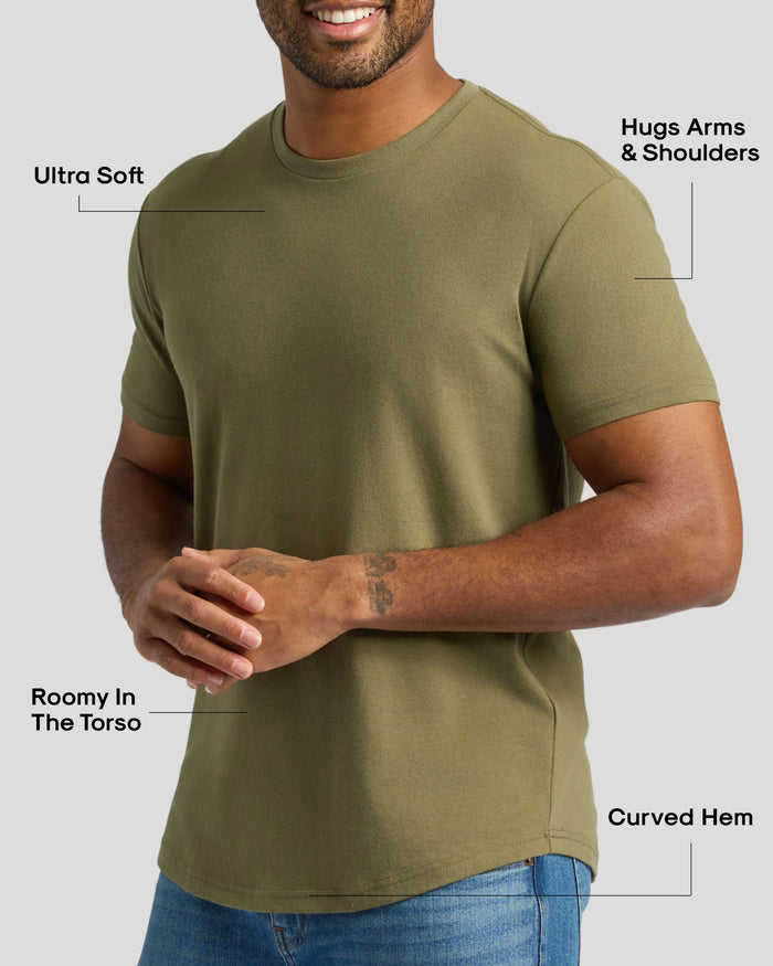 Military Green Curved Hem Classic Crew Neck T-shirt, highlighting fit and design features.