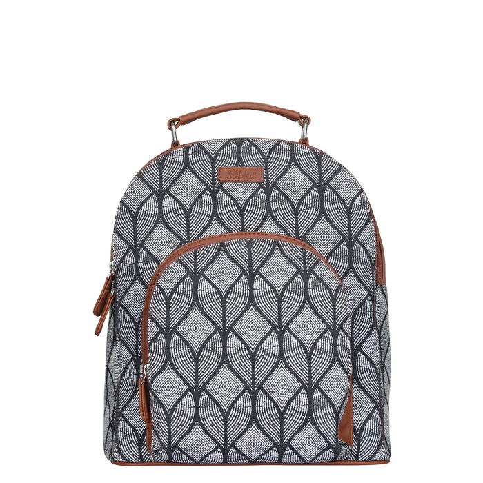 Monochrome printed canvas travel backpack with slim vertical silhouette for daily and travel use