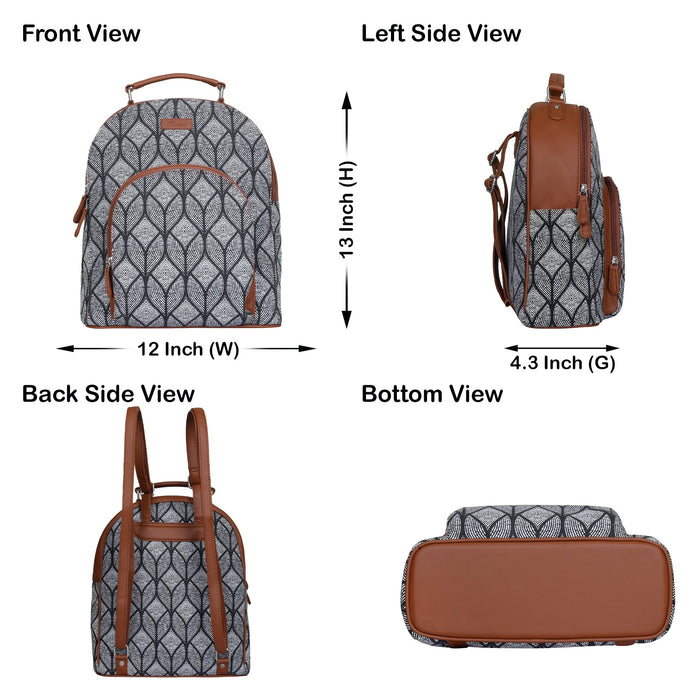 Monochrome printed canvas travel backpack with slim vertical silhouette for daily and travel use-infographic image
