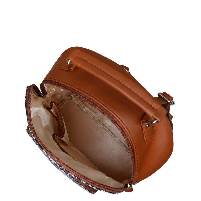 Monochrome printed canvas travel backpack with slim vertical silhouette for daily and travel use-inner view