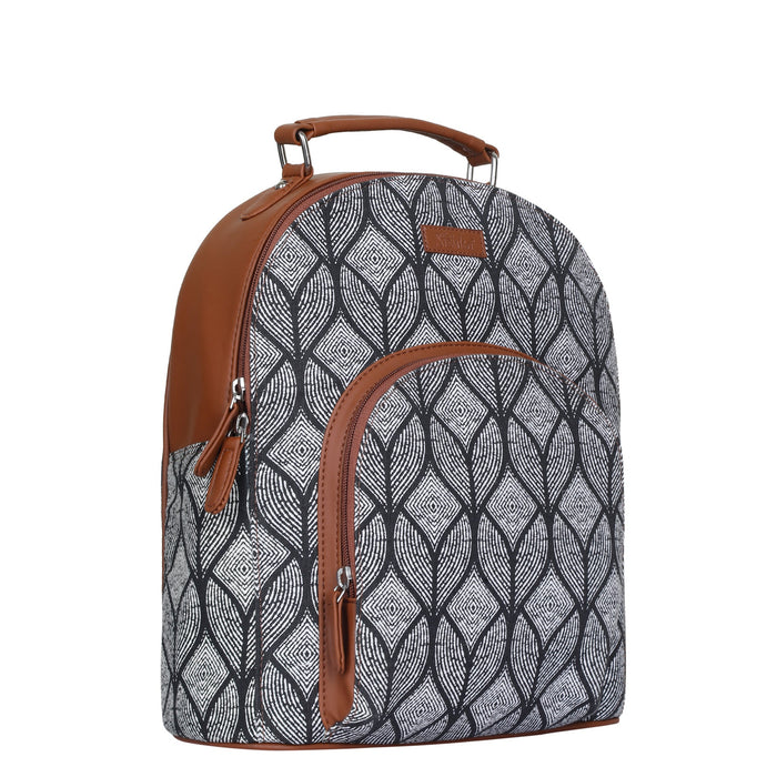 Monochrome printed canvas travel backpack with slim vertical silhouette for daily and travel use-half side view