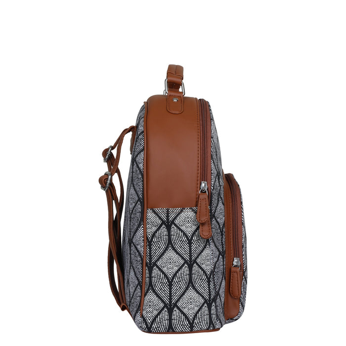 Monochrome printed canvas travel backpack with slim vertical silhouette for daily and travel use-side view