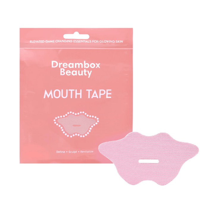 Pink skincare mouth tape from Dreambox Beauty designed to define, sculpt, and revitalize skin, shown with packaging and product piece, featuring Mouth Tape | Dreambox Beauty.