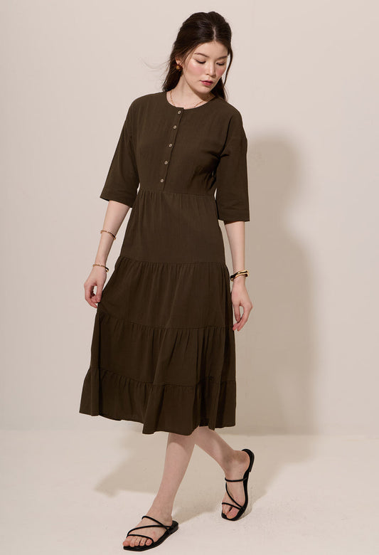 Multi-Tiered Gathered Button Down Midi Dress