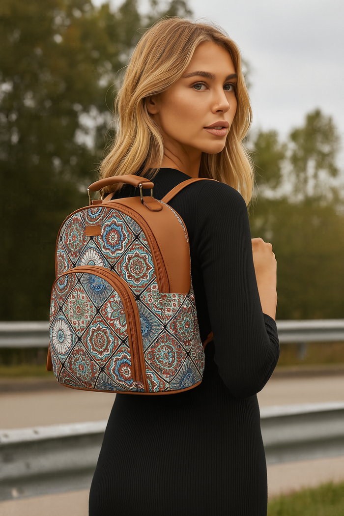 Multicolour printed canvas travel backpack with compact vertical shape for everyday and travel use-model image
