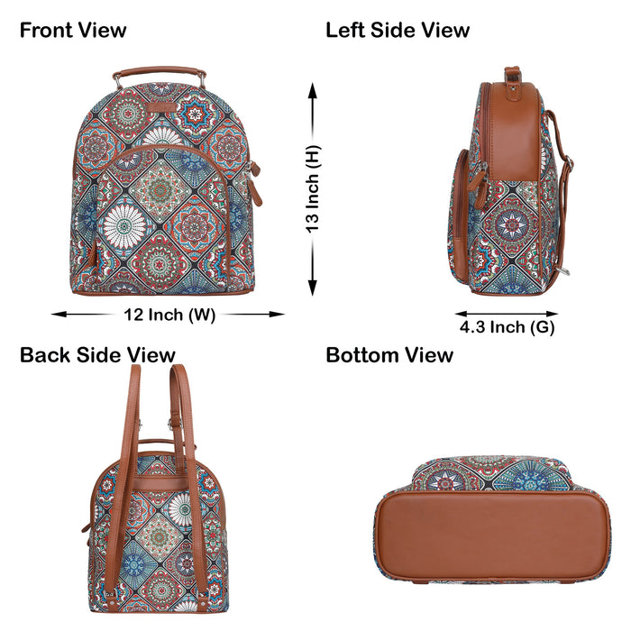 Multicolour printed canvas travel backpack with compact vertical shape for everyday and travel use-infographic image