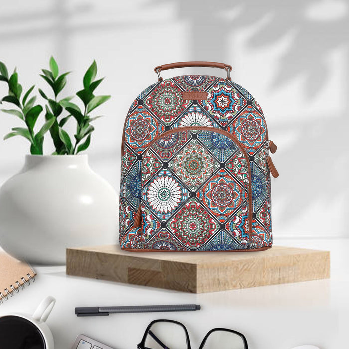 Multicolour printed canvas travel backpack with compact vertical shape for everyday and travel use-feature image