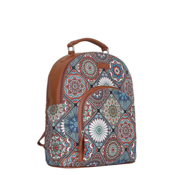 Multicolour printed canvas travel backpack with compact vertical shape for everyday and travel use-half side view