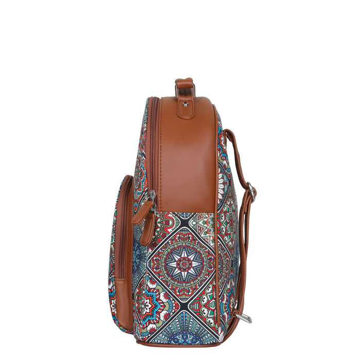 Multicolour printed canvas travel backpack with compact vertical shape for everyday and travel use-side view