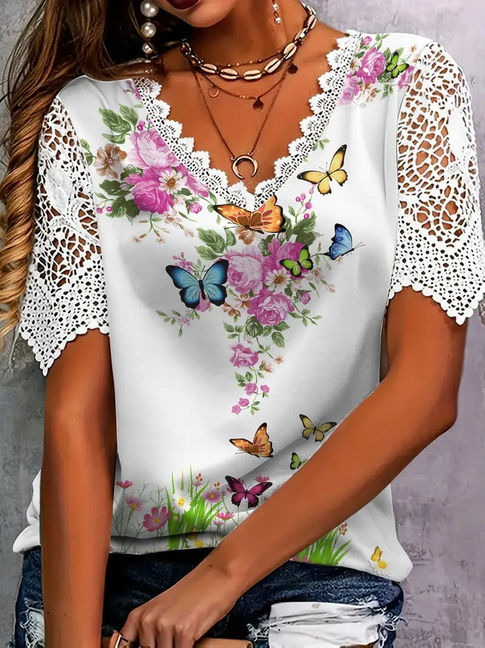 Myressa - Top femme floral à col V et manches en dentelle