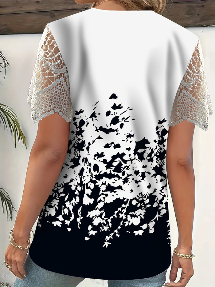 Myressa - Top femme floral à col V et manches en dentelle