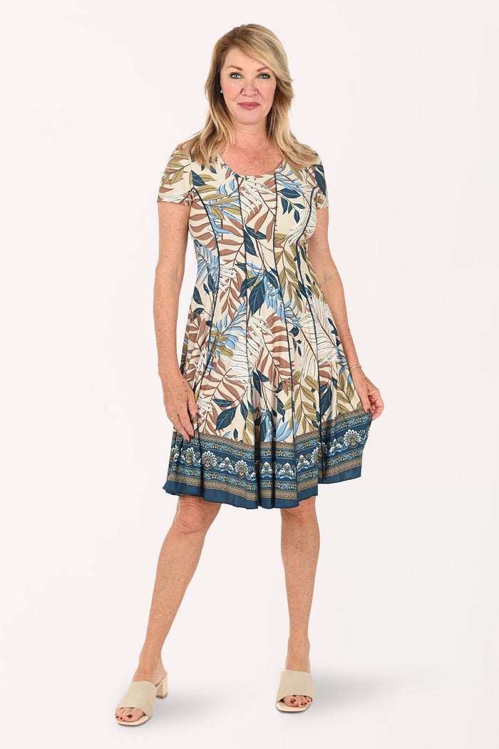 Woman wearing a short sleeve multi dress