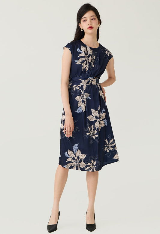 Navy Floral Printed Layered Pleat Midi Dress