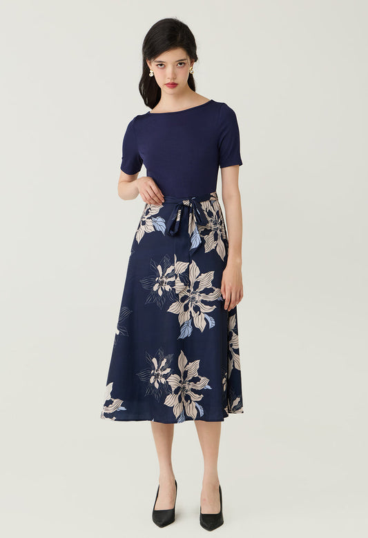 Navy Floral Printed Sash Waist Midi Dress