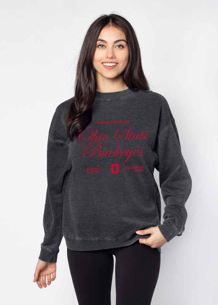 Ohio State Buckeyes Unisex Charcoal Oversized Burnout fleece Sweatshirt with Ribbed crew neckline, cuffs, hem, dropped shoulders and relaxed bottom hem