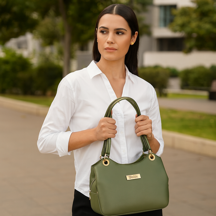 Women's olive green leather satchel shoulder bag for work, travel, and daily use-model view