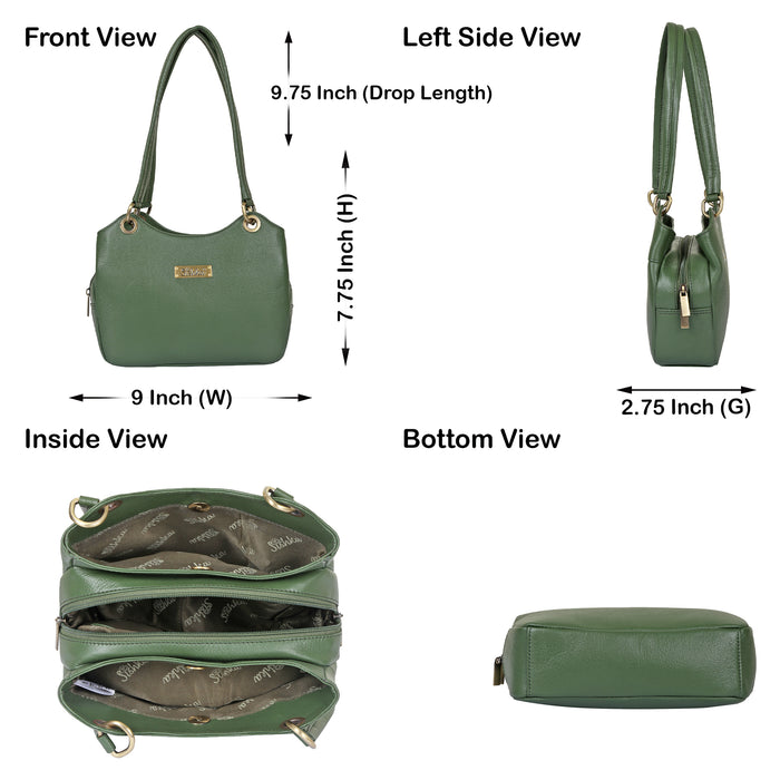 Women's olive green leather satchel shoulder bag for work, travel, and daily use-infographic image