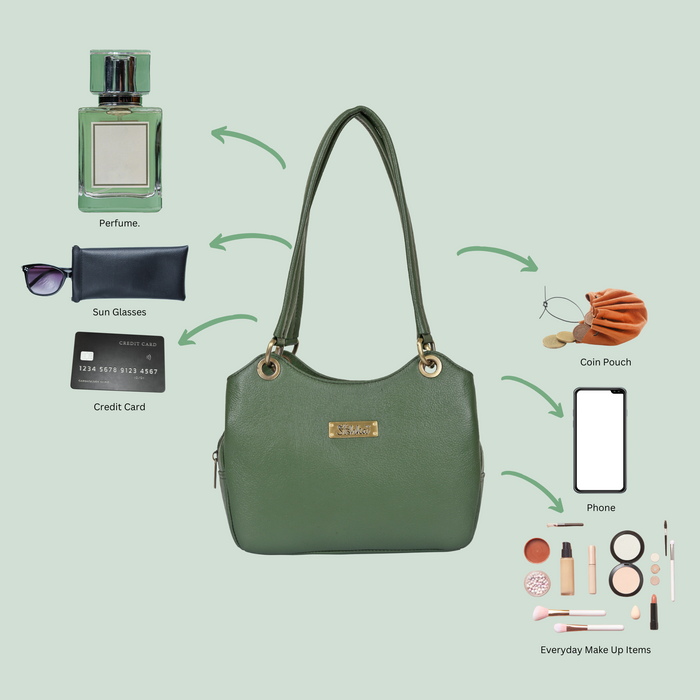 Women's olive green leather satchel shoulder bag for work, travel, and daily use-feature view