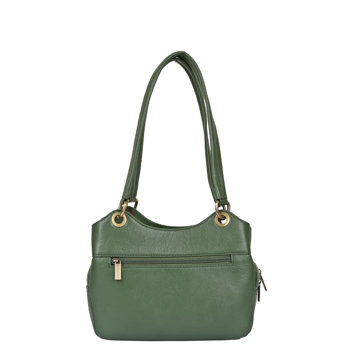 Women's olive green leather satchel shoulder bag for work, travel, and daily use-back view