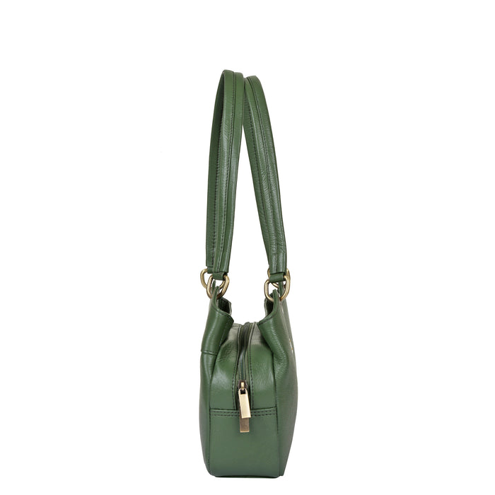 Women's olive green leather satchel shoulder bag for work, travel, and daily use-half side view