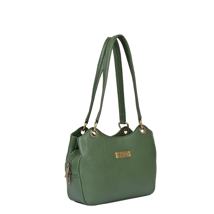 Women's olive green leather satchel shoulder bag for work, travel, and daily use-side view