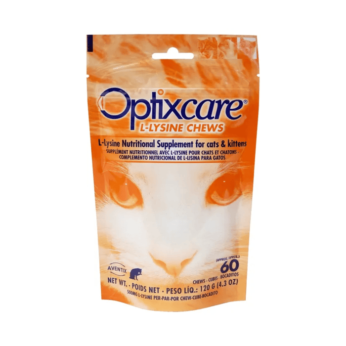 A package of Optixcare L-Lysine Chews for cats and kittens, featuring an orange and white design with a cat's face and eyes on the front.
