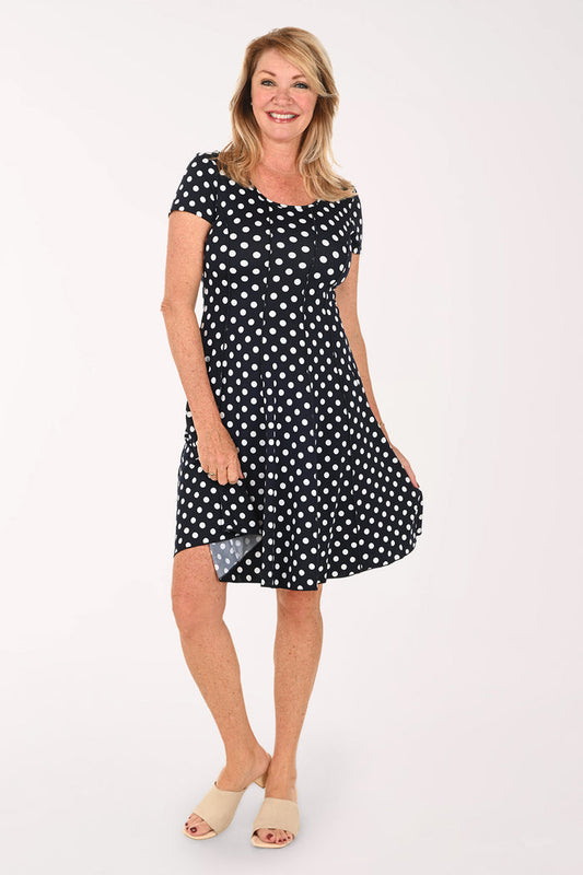 Woman wearing a short sleeve black and white polka dot dress