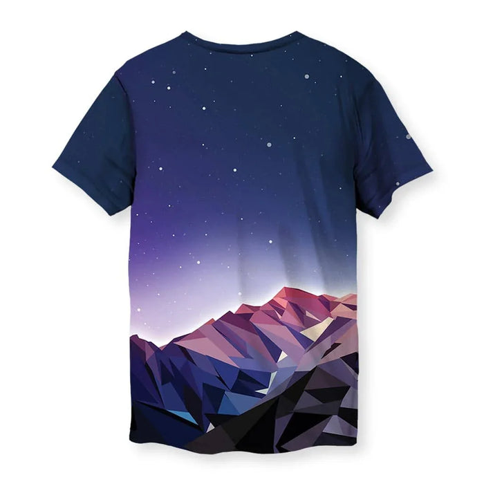Poly Mountain T-Shirt - The tessellated triangular facets mapping the mountain ridges in "Sunset Mauve (#C27B8E)" against the "Midnight Indigo (#212145)" void, mimicking early 3D modeling wireframes without the mesh lines.