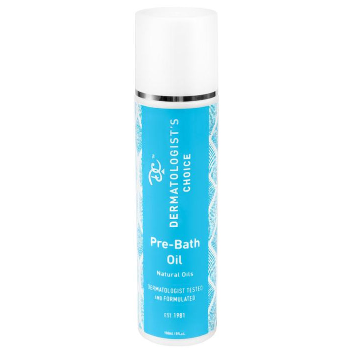 Bottle of Pre-Bath Oil with natural oils | Dermatologist's Choice in blue and white packaging, designed for skincare and body care routines.