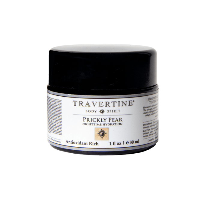Prickly Pear Nighttime Hydration | Travertine Spa in a small jar with black lid, offering antioxidant-rich skincare for nighttime hydration and body care wellness.