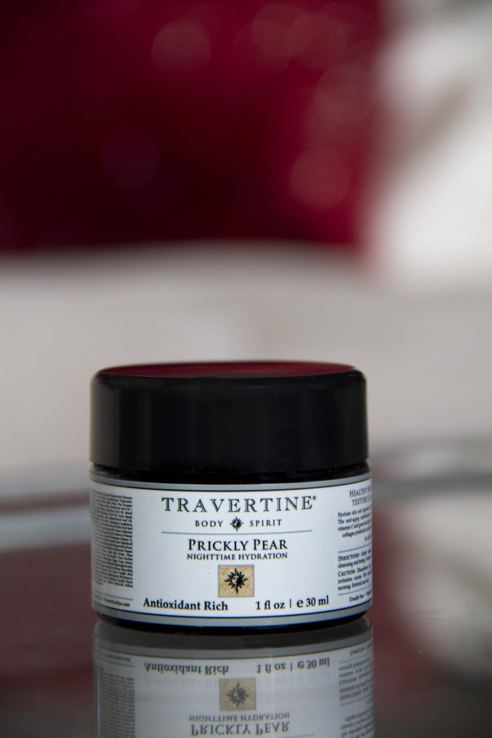 Small jar of Prickly Pear Nighttime Hydration | Travertine Spa skincare product designed for antioxidant-rich nighttime hydration and body care.