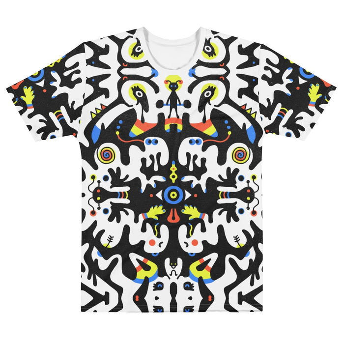 Rorschach Tabar T-Shirt - The vertical axis of symmetry fusing melting ghost doodles with stark #121212 Rorschach inkblots on #FFFFFF canvas, accented by #00BFFF cyan rings, #FFD700 yellow auras, and #FF4500 orange highlights