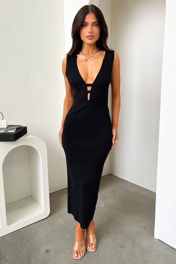 Sabina V-Neck Midi Dress - Black