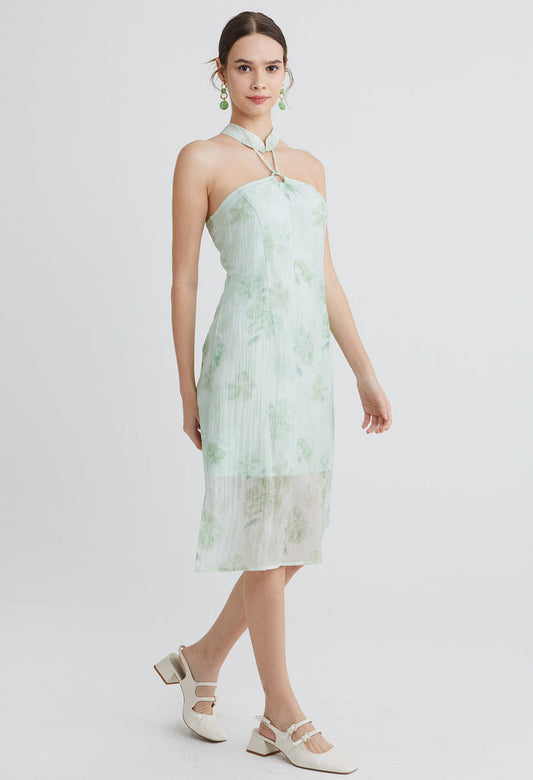 Sage Bloom Suspended Halter Mandarin Collar Midi Dress