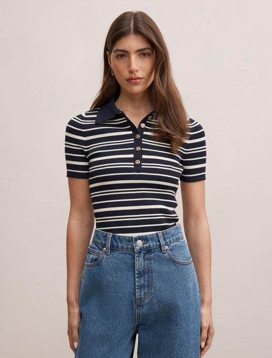 Sasha Striped Knit Polo T-Shirt Navy Stripe Forever New