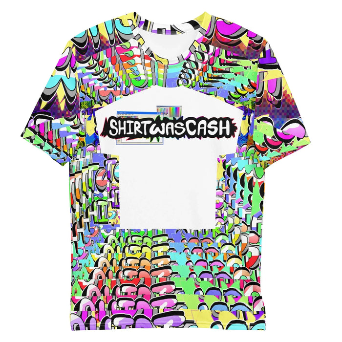 A recursive "shirt within a shirt" graphic anchors this surreal design, superimposed with a retro painting application window (complete with pixelated toolbar and jagged "SHIRTWASCASH" typography). Contact us with accessibility feedback, we'd love to help!