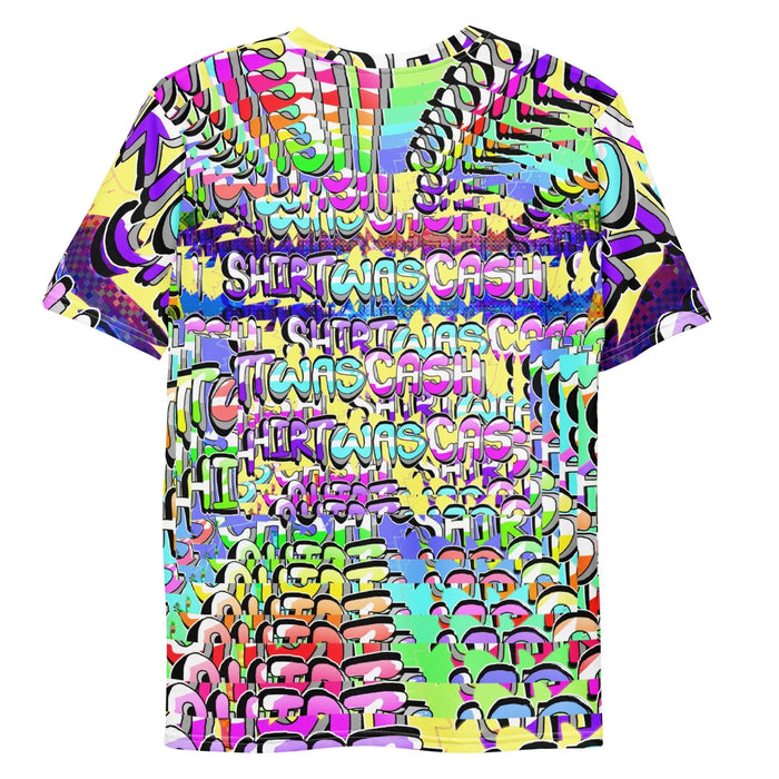 Shirtception T-Shirt - The cascading "window drag" trails in glitch magenta (#FF00FF), radioactive lime (#39FF14), and electric cyan (#00FFFF) mimicking a frozen operating system or legacy card game animation.