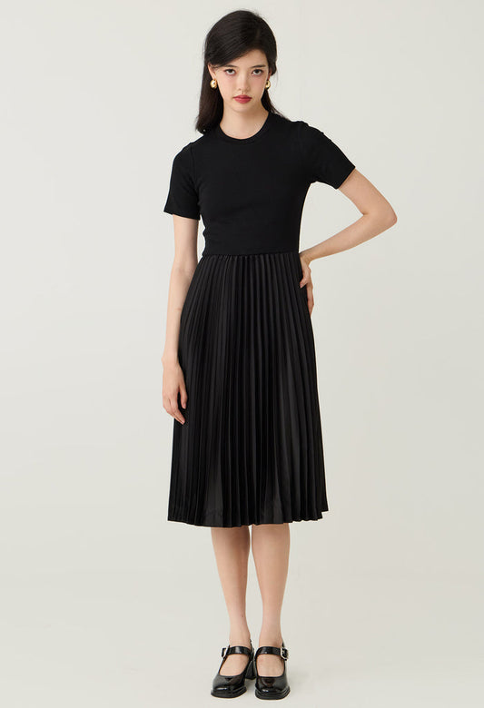 Short Sleeve Pleated Skirt Midi Dress