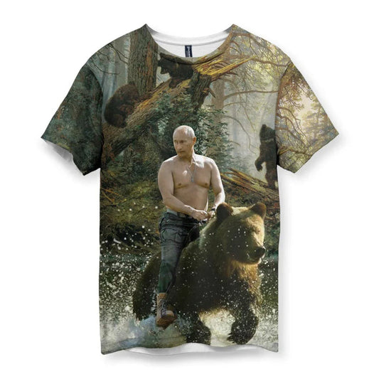 This audacious design blends photorealistic montage with classical landscape art, depicting a shirtless, stoic figure riding a massive brown bear through churning water. Contact us with accessibility feedback, we'd love to help!